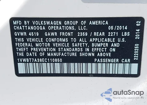 2014 Volkswagen Passat 1.8T Se from USA, damaged, VIN 1VWBT7A38EC110850